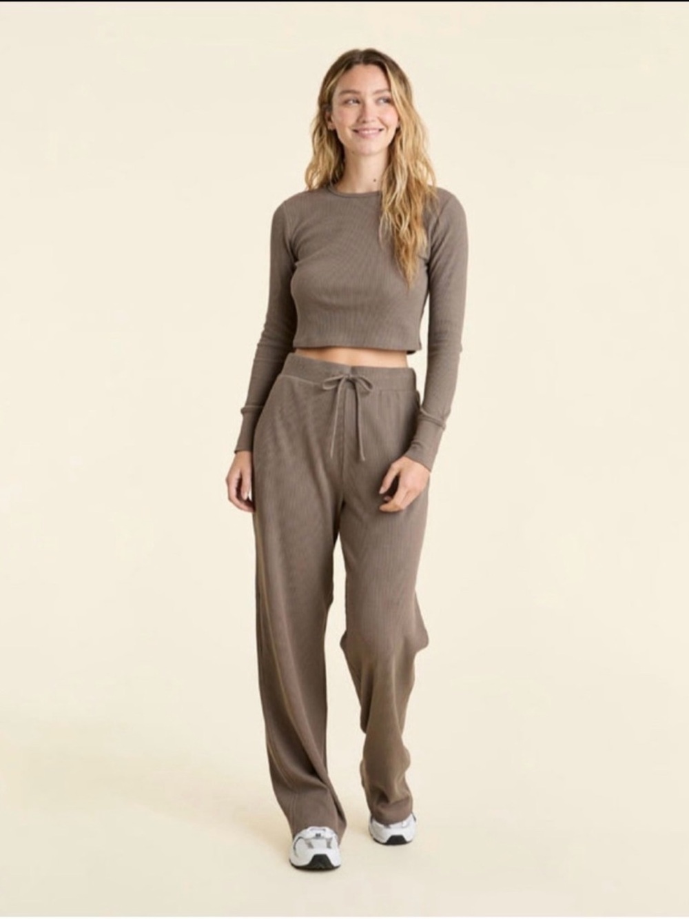 Nuuds Micro Waffle Crop Top + Drawstring Pants Set Mocha (Sold out on Nuuds site